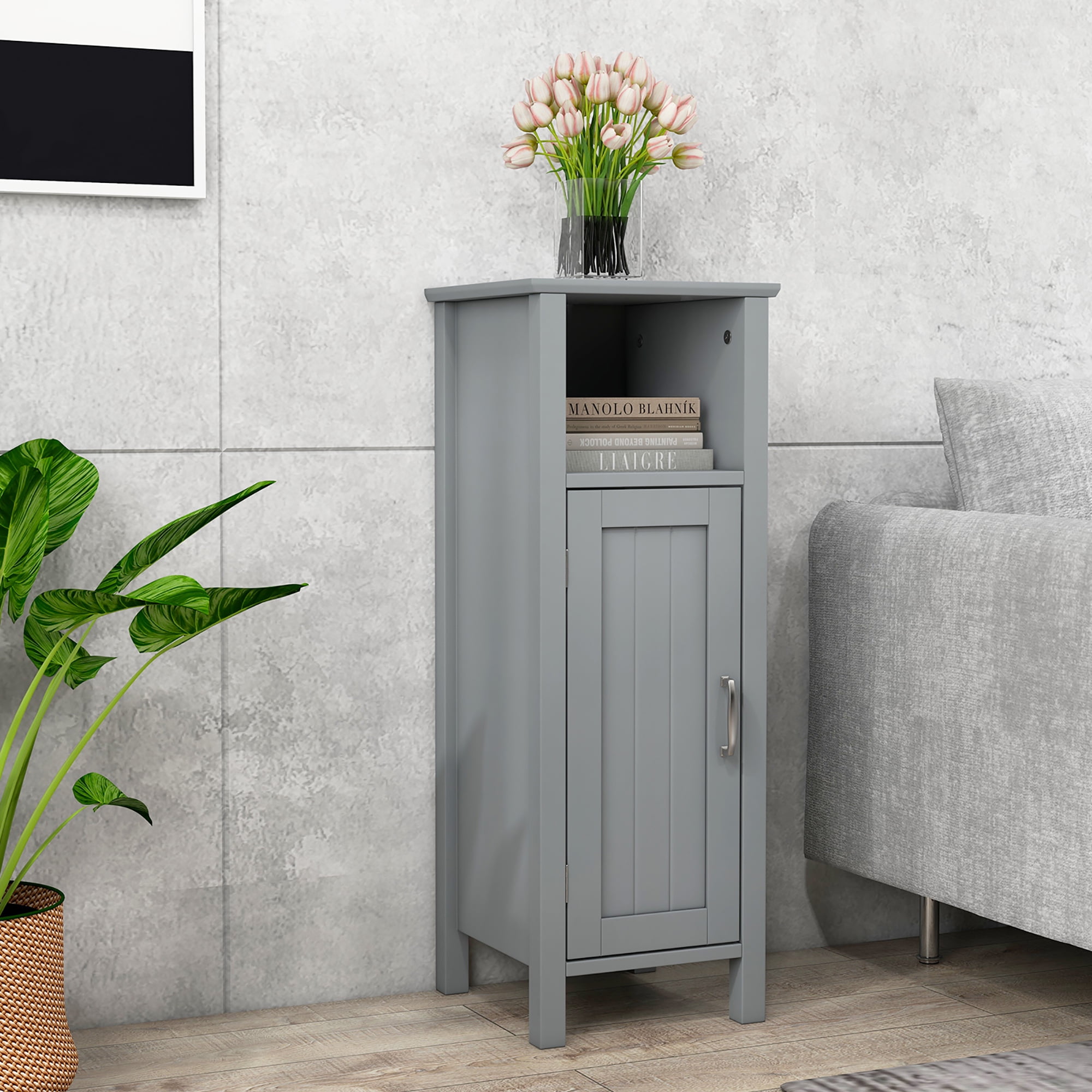 Gymax Bathroom Storage Organizer Narrow Floor Cabinet w/ 2-Tier Cabinet Open Compartment Gray