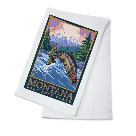 Montana, Last Best Place - Angler Fly Fishing Scene (Leaping Trout) - Lantern Press Original Poster (100% Cotton Kitchen (Best Fishing Pole Under 100)