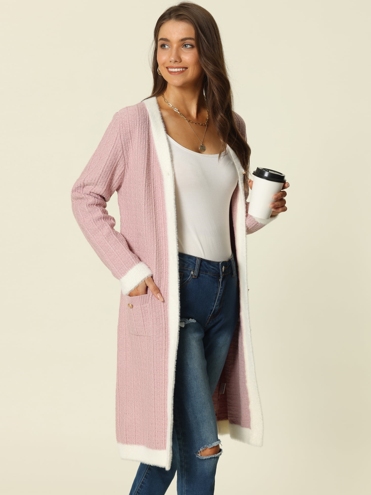 Women's Fall Contrast Color Long Sleeve Open Front Cardigan Sweater XL Dusty Pink