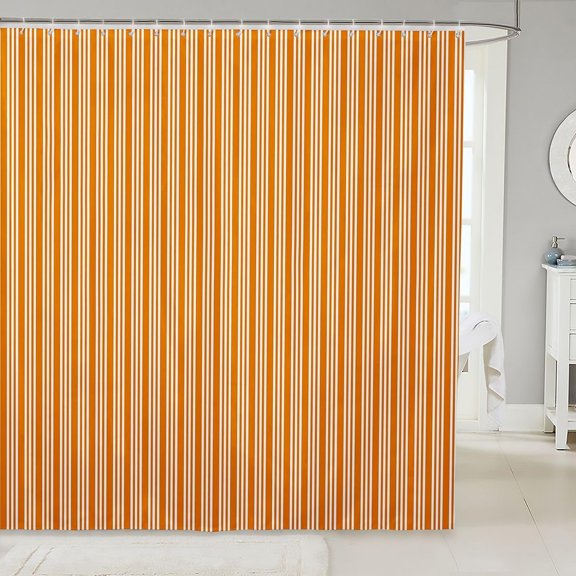 Orange and White Striped Shower Curtain Waterproof Fabric Bathroom Shower Curtain with Hooks 71x71 inches