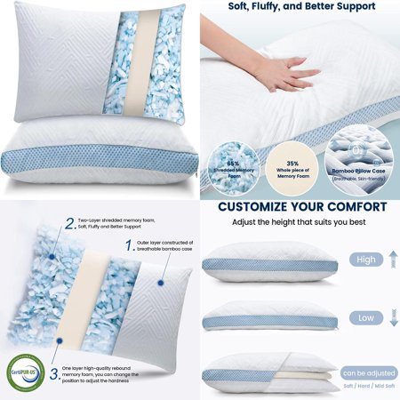 DUFDERIA Luxurious Shredded Memory Foam Cervical Pillow for Ultimate Comfort - Perfect for Side Back and Stomach Sleepers - Unbeatable Support and Comfort Provides the Best Night‘s Slee