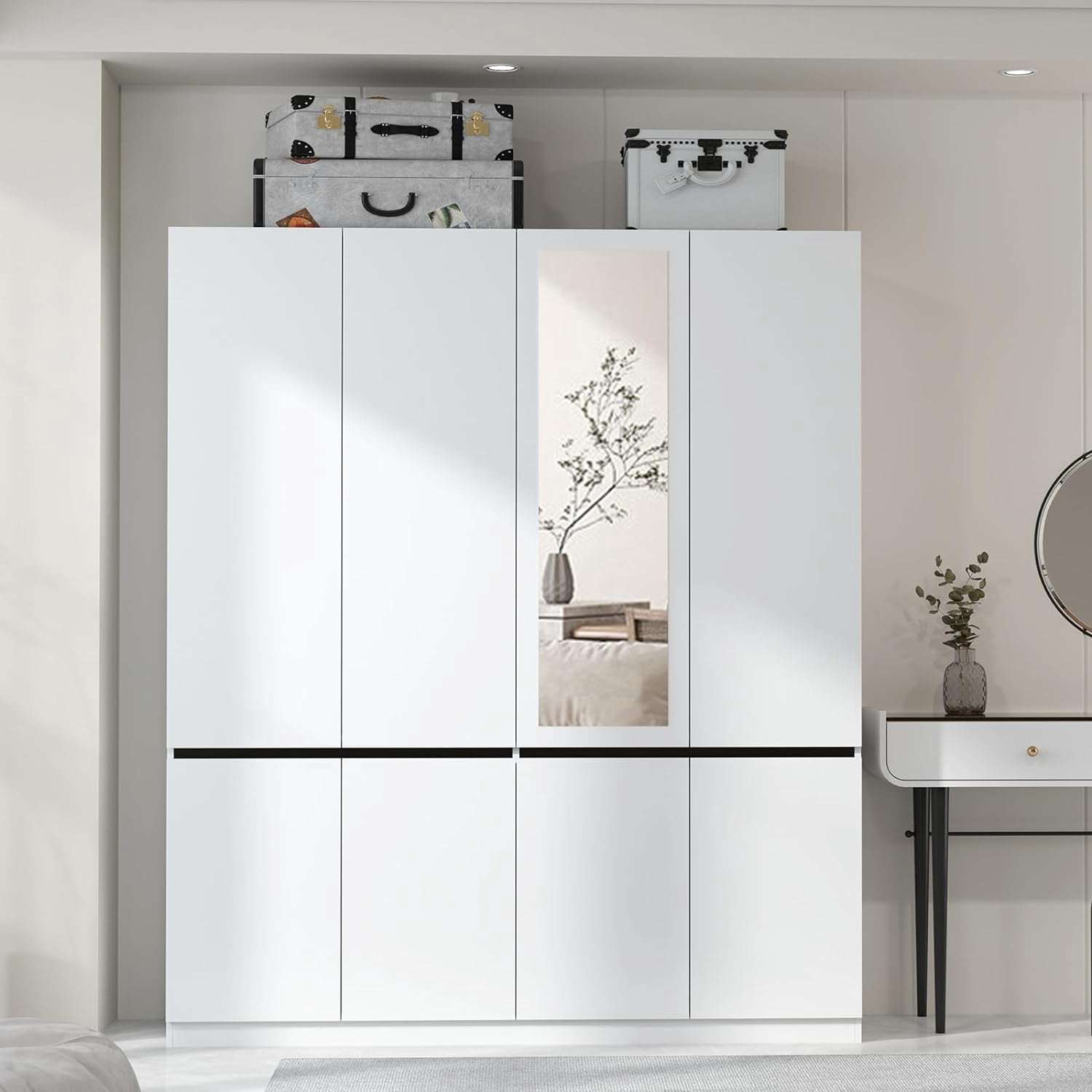 VINFORM Modern Mirrored Armoire Closet for Bedroom, 4 Door Wardrobe with Hanging Rods, White