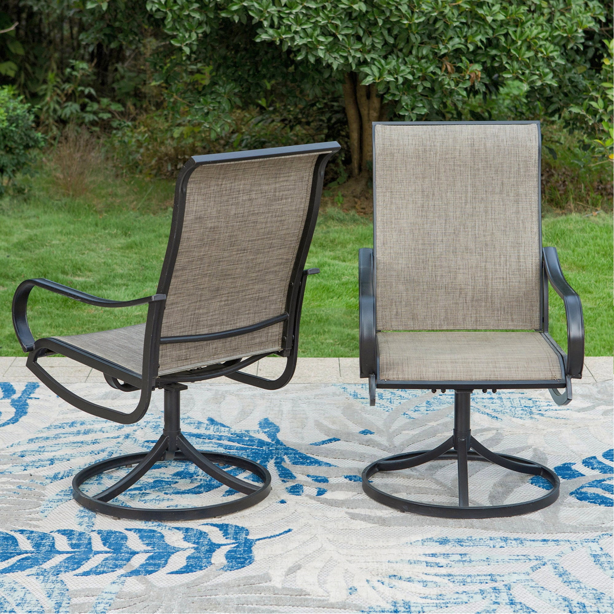 8-Piece Outdoor Patio Dining Set with 13ft Beige Umbrella, 6 Textilene Outdoor Swivel Chairs & 60" Metal Rectangle Table, Black & Brown-Gray