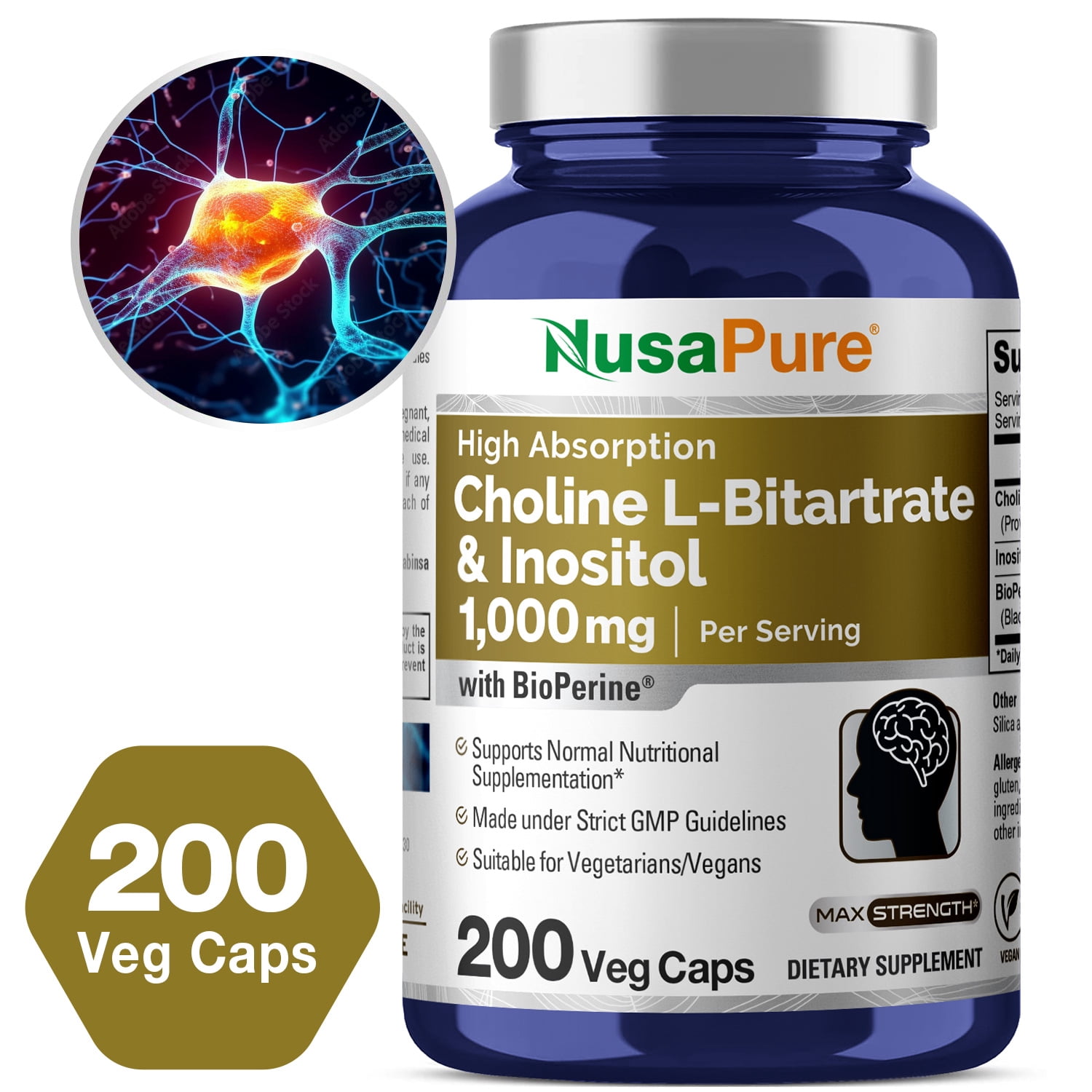 NusaPure Choline & Inositol 1000mg - 200 Veggie Caps (100% Vegetarian, Non-GMO)