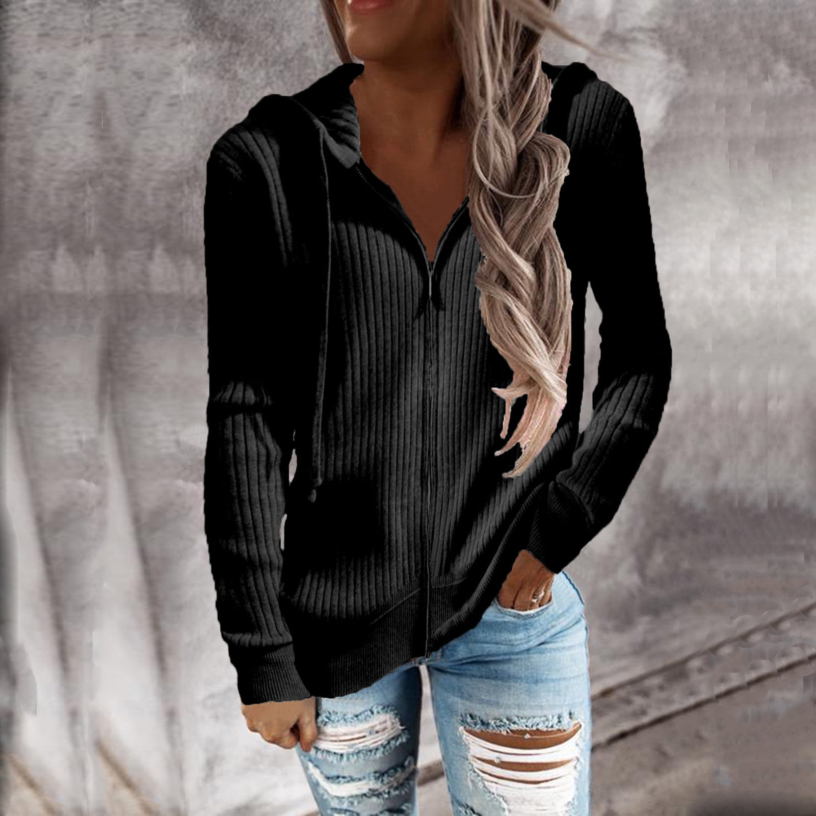 Long Sleeve Zipper Hoodies Rib Knit Coat Zip Up Outwear Sweater Coat Rib Knit Long Sleeve Hoodies Women Loose Casual Pure Color Zip Up Drawstring Cardigan Sweater Outwear Coat Walmart