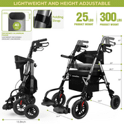 Foldable Rollator Walker for Seniors with Seat, Lightweight 2 In 1 Rolling Walkers Wheelchair Combo for Adult, Transport Chair with Brakes, Adjustable Seat and Handle, 300 Lb. Weight Capacity