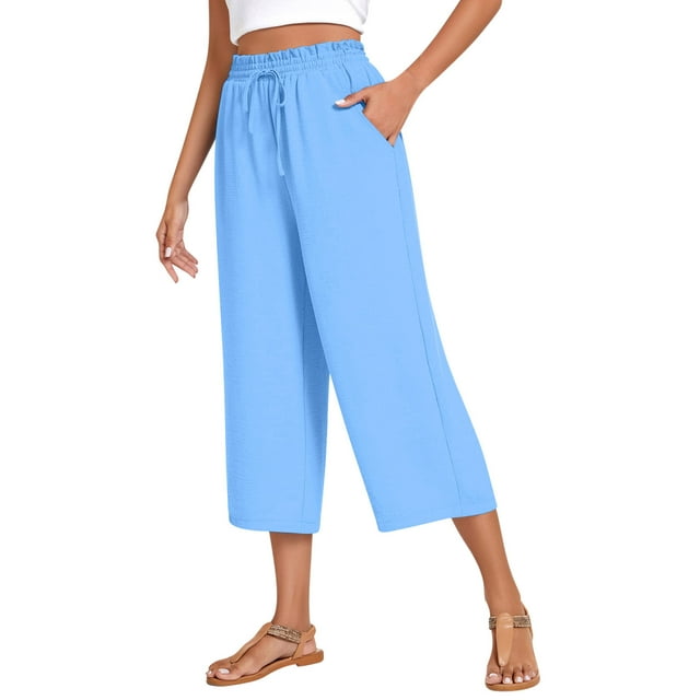 Dealovy Capri Pants for Women Casual Elastic Waist Drawstring Ruffles Cropped Trousers Solid Color Wide-Leg Loose Pants with Pockets