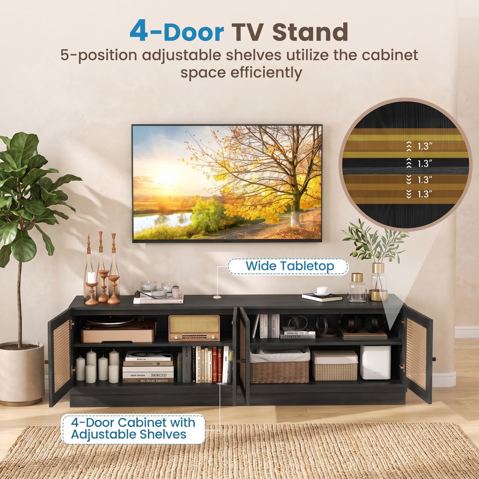 Furnibear Farmhouse TV Stand for TVs up to 75 Inches, 70 Inch Entertainment Center with PE Rattan Cabinet Doors and Adjustable Shelves, Rattan Media Console for, Black