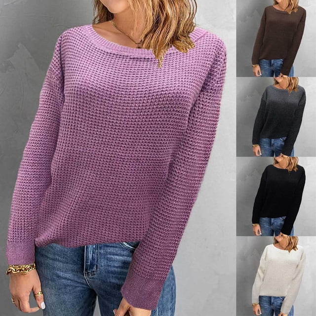 LOVZFMLL Sweaters for Women, Crew Neck Ribbed Pullover Solid Color Basic Casual Undershirt Loose Tops Warm Fall Winter Clothes