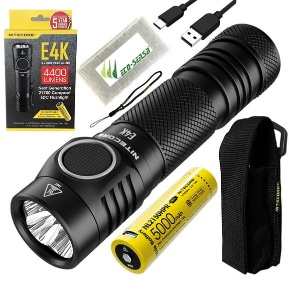 NITECORE E4K Next generation 21700 Compact EDC Flashlight - 4x CREE XP-L2 V6 - 4400 Lumens w/ 1x NITECORE 21700 Rechargeable Li-ion Battery and FREE Eco-Sensa Battery Case