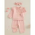thumbnail image 5 of Toddler Baby Girls Fall Clothing Set 0 6 12 18 24 Months 2T 3T Solid Color Long Sleeve Round Neck Ruffled Tops Long Pants Headband 3-Piece Outfits, 5 of 9