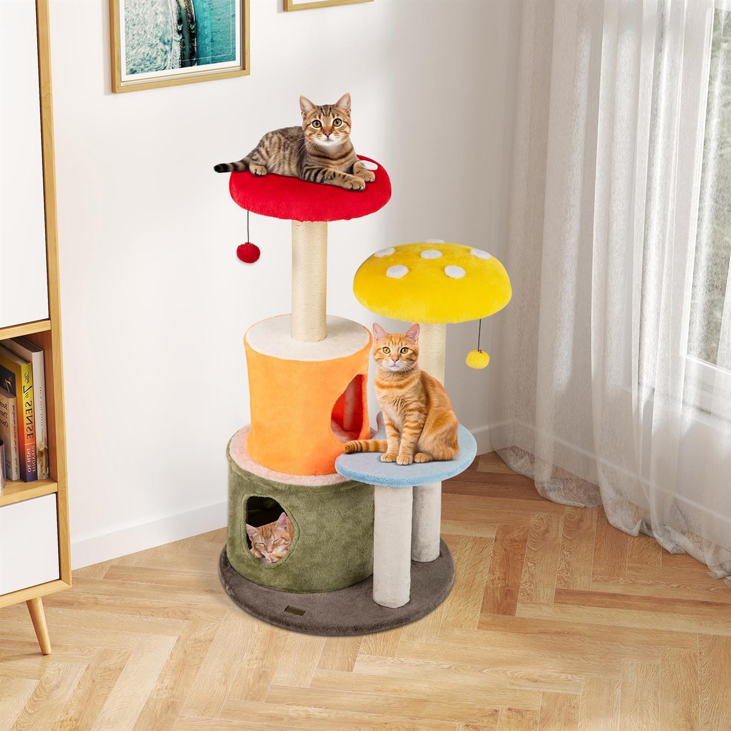 Pefilos 43" Tall Cute Cat Tree, 2 Condos & Padded Platforms, Sisal Scratching Posts, Multicolor