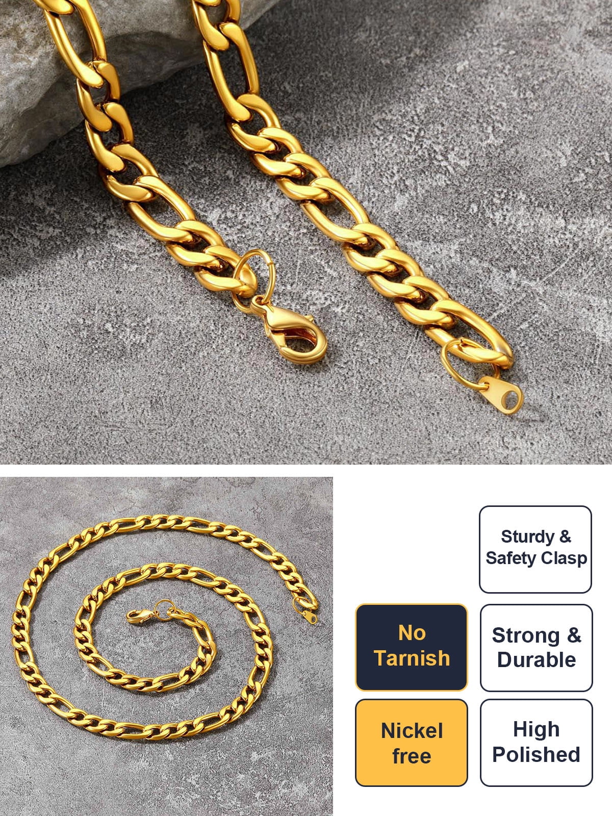 U7 Mens Figaro Chain 9MM Stainless Steel Men Women 14K Gold Plated Trendy Necklace 30 Inch Birthday Gift