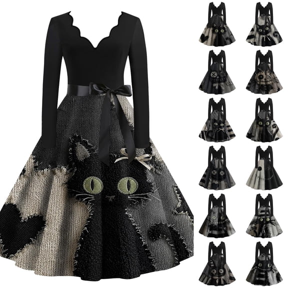 Women's Halloween Dress Pumpkin Castle V Neck Cocktail Hepburn Fall Tea Length Dress Long Sleeve 1950s Classic Vintage Dress with Belt 3XL