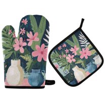 Yayeee Oven Mitts and Pot Holder Set of 4 Heat Resistant Kitchen Gloves Baking Hot Pad, Green Floral