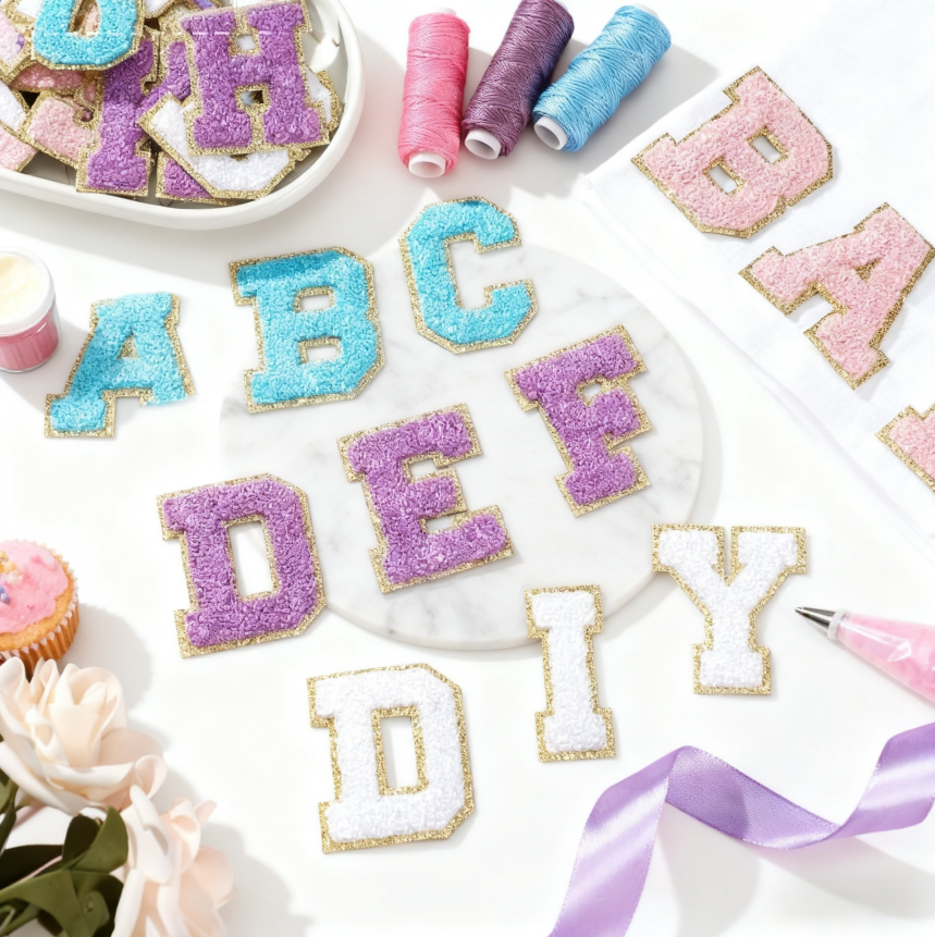Chenille Letter Patches Kit - 104 Alphabet Stickers with Sewing Kits & 11 Cute Bows/Stars - No Sew Fabric Stickers for DIY Bags, Clothes, Hats, Gifts​​