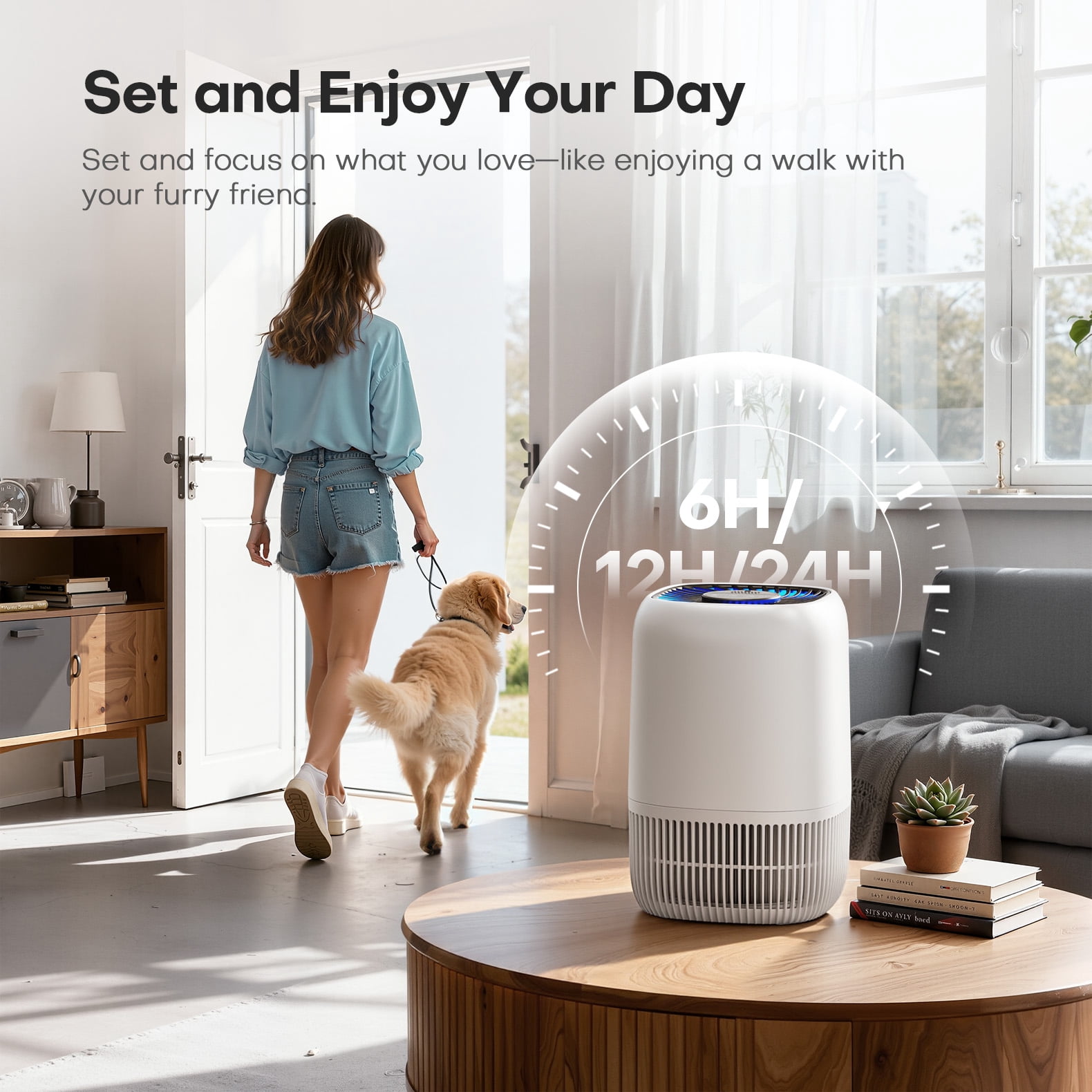 Air Purifier for Home, Covers up to 1076 Sq Ft, High Efficiency 360° Intake Filter, 3 Speeds Quiet Cleaner for Pet Hair, Odors, Pollen, Smoke, White