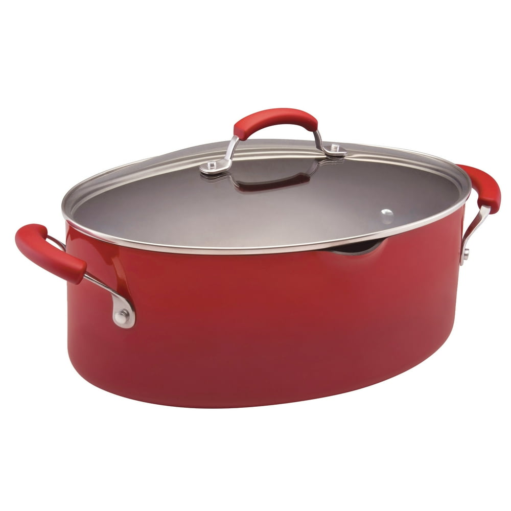 Rachael Ray 8Quart Covered Porcelain Enamel NonStick Pasta Pot with Pour Spout, Red Gradient