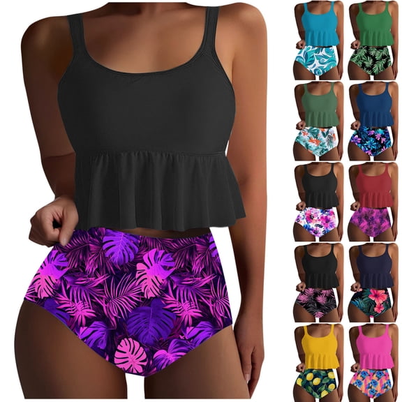 QIUOMBBP Women's Plus Size Tankini Set, Peplum Adjustable Straps Top, High Waisted Floral Print Bottoms, Modest Bathing Suit for Vacation and Swimming Navy Pink Hibiscus M