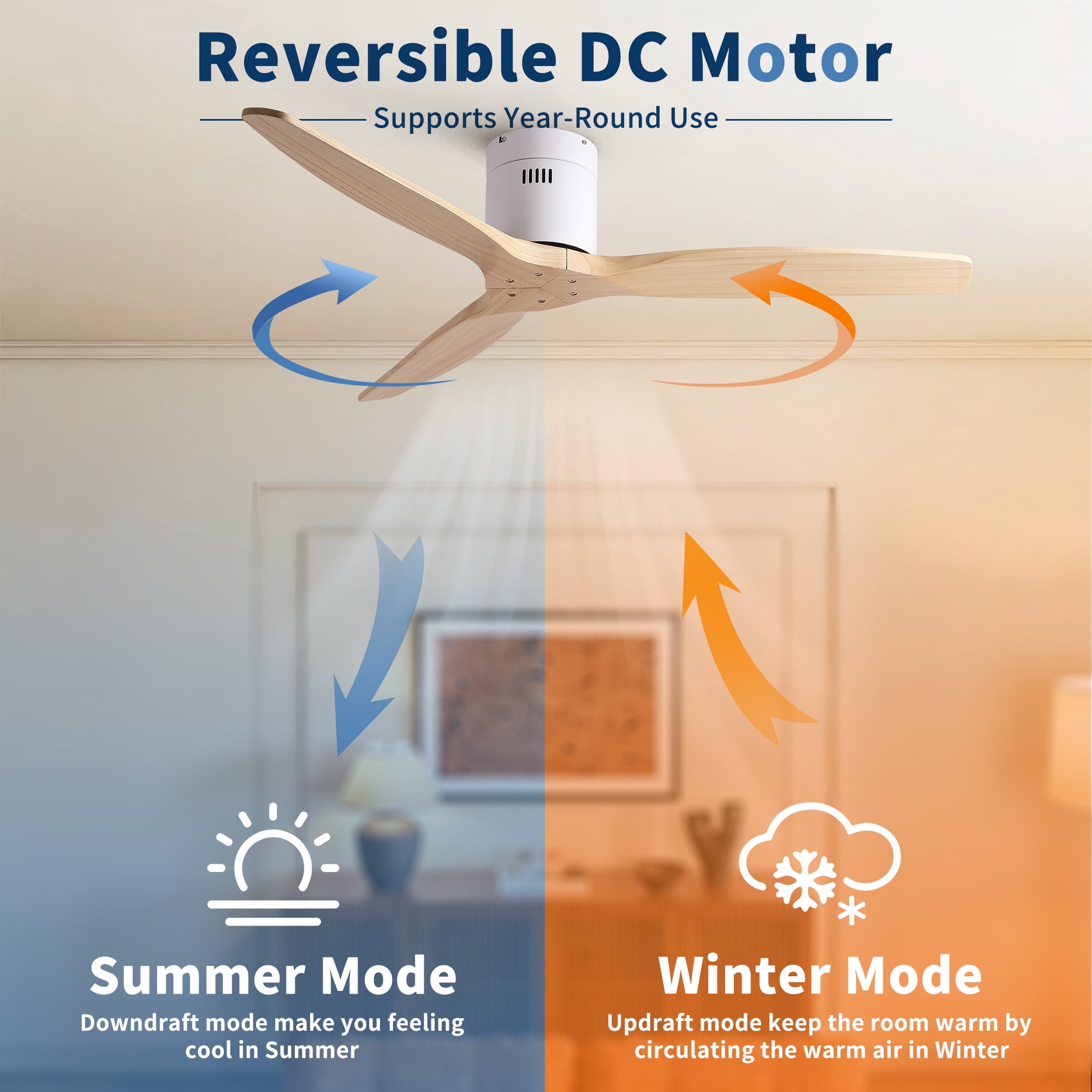 Leumius 52" Mordern Cozy Vibrant Natural Style Solid Wood Low Profile Flush Ceiling Fan without Light for Living Room Bedroom