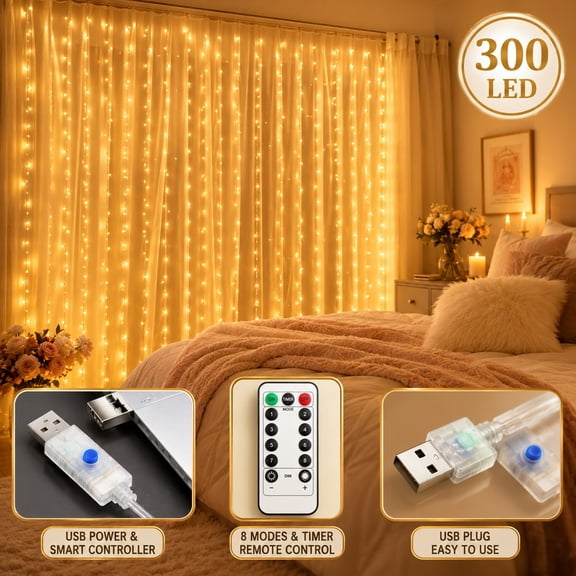 300 LED Fairy Curtain Lights, 9.8ft x 9.8ft Warm White Curtain String Lights, USB Plug in 8 Lighting Modes Decoration, Hanging Lights with Remote for Bedroom Indoor Weddings Dorm