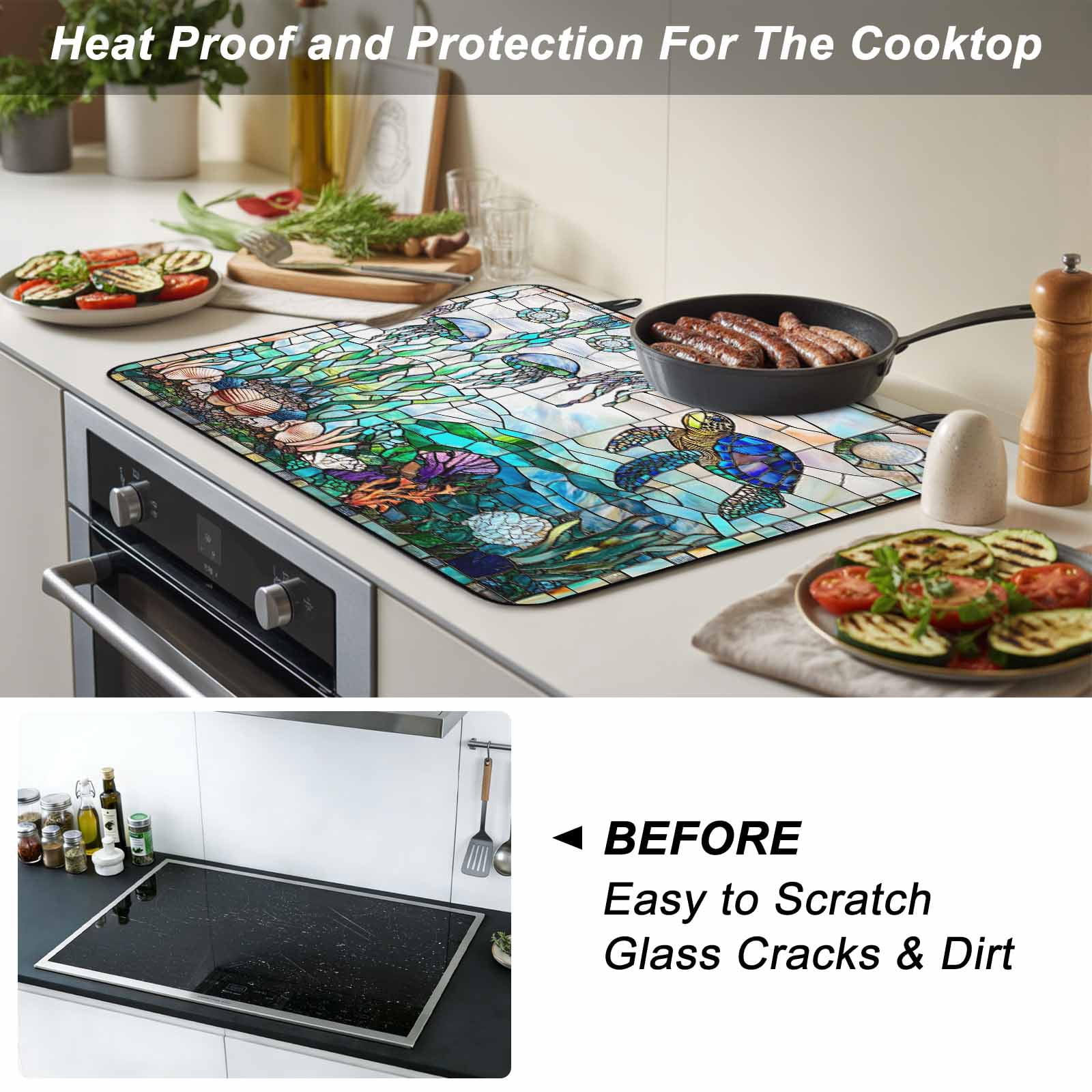 Summer Sea Turtle Stove Top Cover for Electric Stove, Heat-proof & Non Slip Glass Top Stove Cover Protector, Stained Glass Ocean Jellyfish Coral Kitchen Flat Cooktop Rubber Mat 24x21 Inches