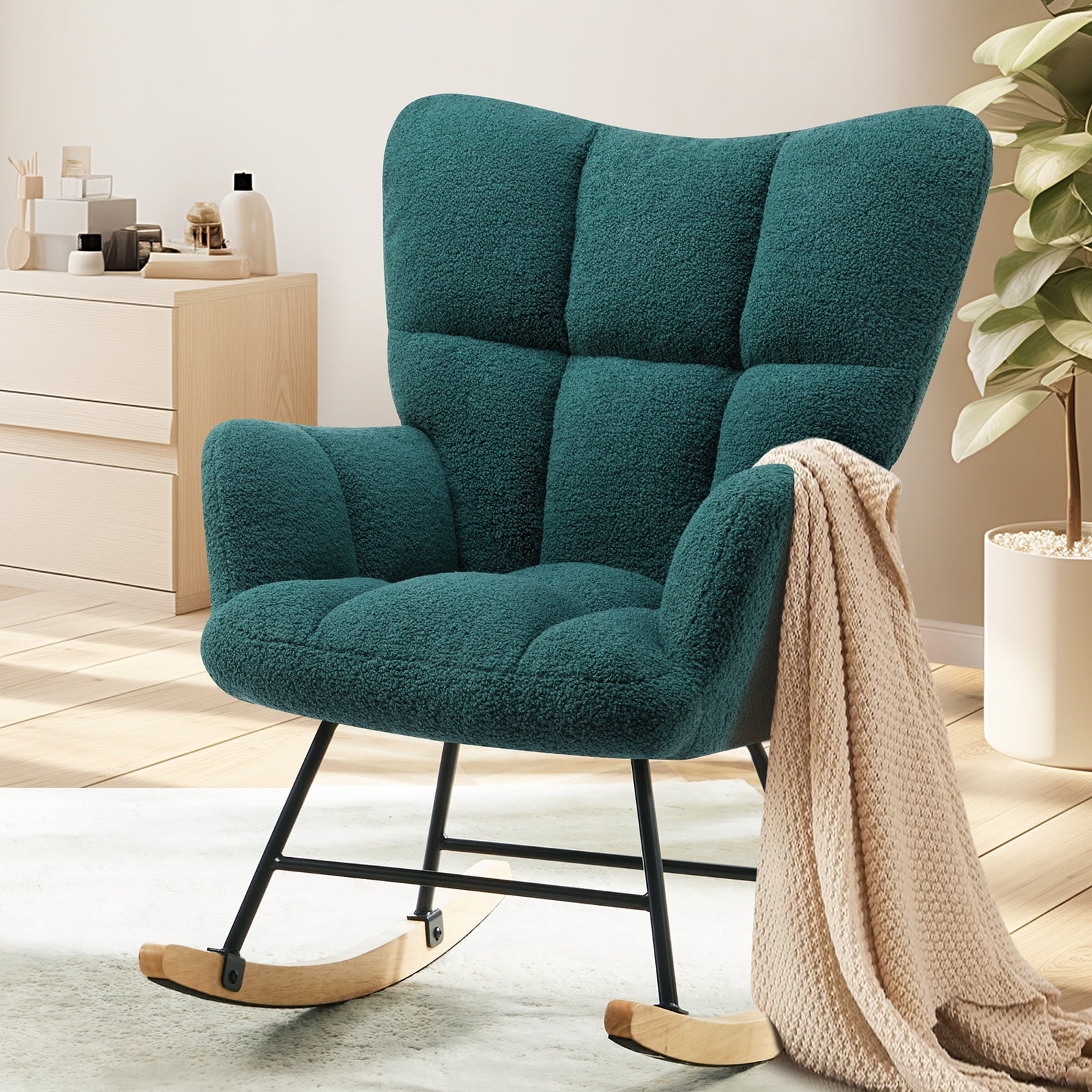 GIANNA Rocking Chair, with Wing Backrest Wide Armrest, Green
