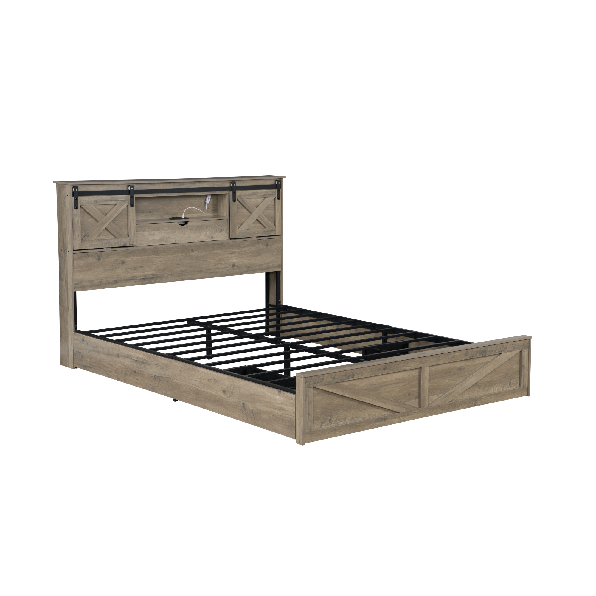 Jopath Queen Size Farmhouse Bed Frame with LED Lights and Charging Station, Wooden Queen Bed with 2 Storage Drawers, Rustic Headboard with Sliding Barn Door Storage Cabinets for Teens Adult