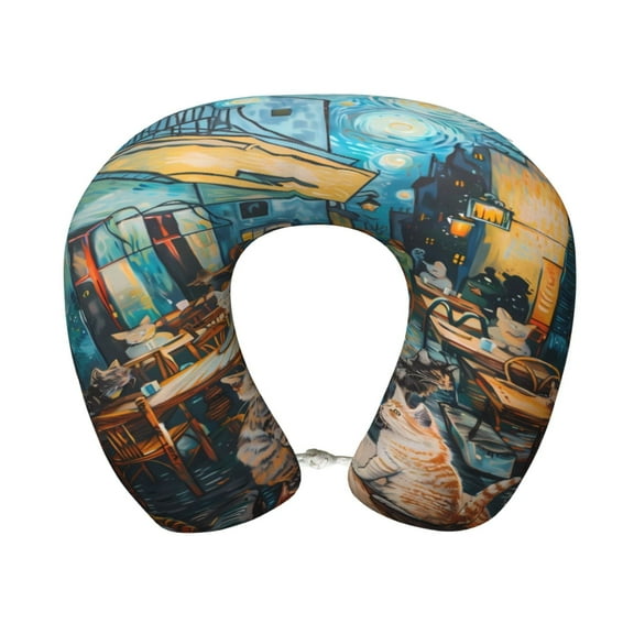 Gaeub Whimsical Cats Night Cafe Print Memory Foam Travel Pillow,U-Shaped Neck Pillow,Head Neck Support Airplane Pillow,Flight Pillow for Traveling,Car,Home,Office,Washable Cover