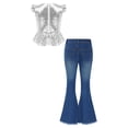 thumbnail image 2 of dPois Kids Girls Clothes Sequins Mermaid Flutter Sleeve Shirt Top with Flare Leg Jeans Pants Set 2Pcs Silver 12, 2 of 6