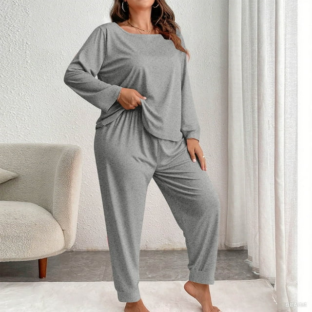 Conjunto de pantalones y blusa de poliéster para mujer, de talla grande, a la moda, de manga larga y color liso, informal, para estar en casa