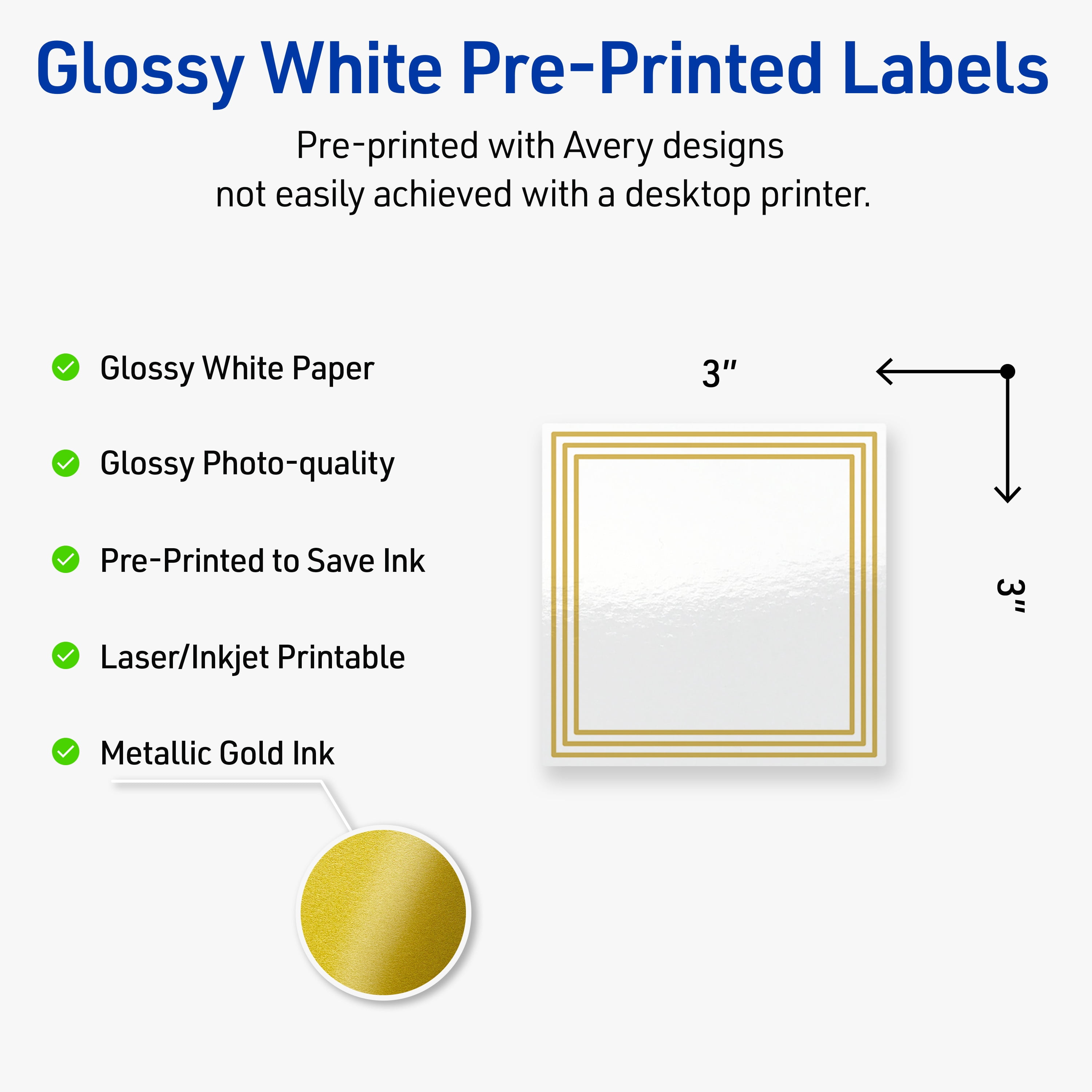 Avery 3" x 3" Labels, Gold Multi-Lined Border, 60 ct, Glossy, Multi-Lined Gold Border