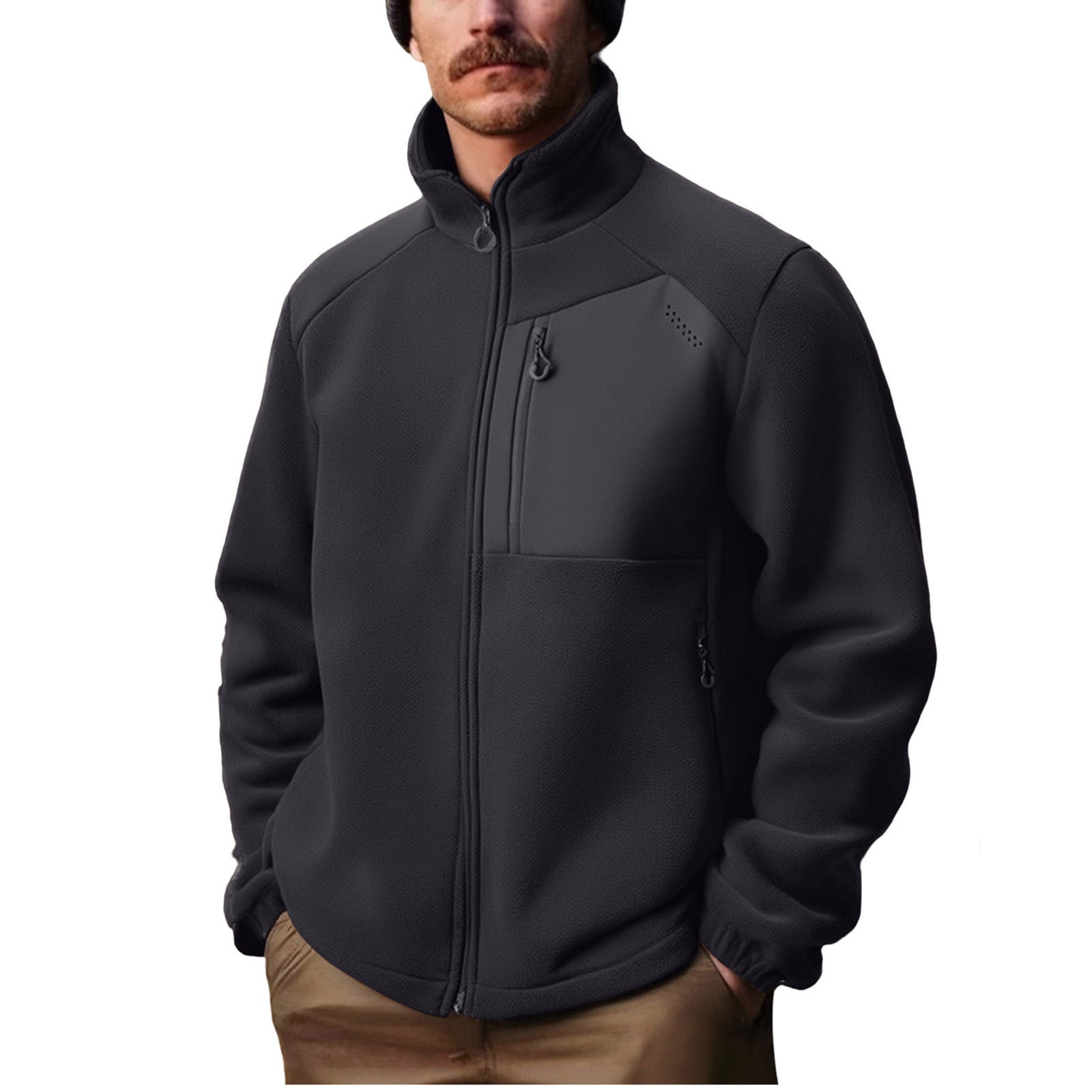 YLSDY Men s Fleece Full Zip Up Sweatshirt Windproof Soft Shell Camo Hunting Jacket Heavy Mock Neck Jackets with Zip Pocket Gray XXXL