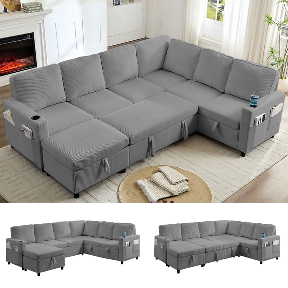Mjkone Modular Sectional Sleeper Sofa with Pull Out Bed,Corduroy U Shaped Couch with Storage and Ottoman for Living Room,Dark Gray