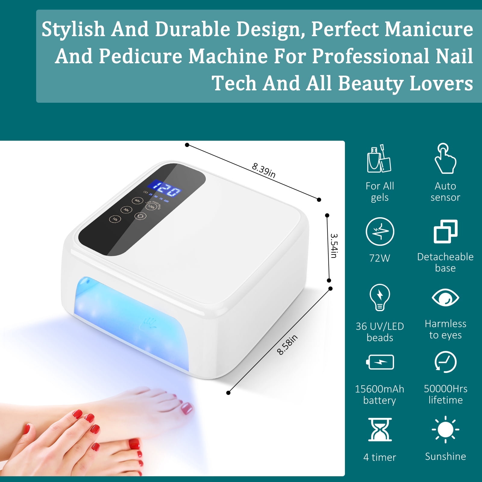 Cordless UV LED Nail Lamp – 72W Professional Nail Dryer with Touch Screen, 36 UV/LED Beads, 15600mAh Rechargeable Battery, 4 Timers, Auto Sensor, Portable Gel UV LED Curing Light Lamp for Nails
