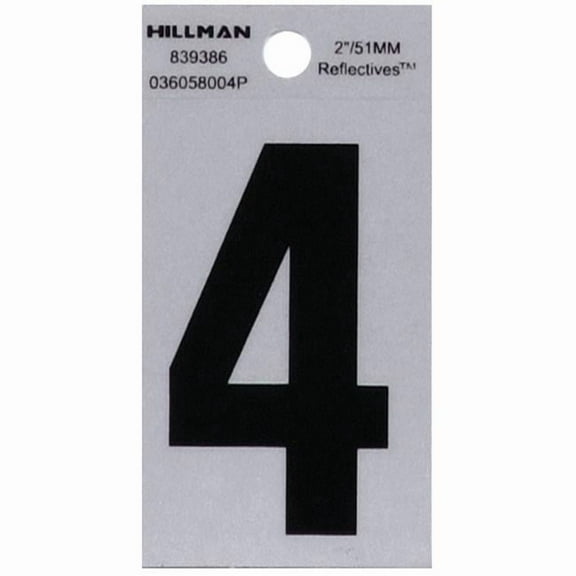 Hillman Group 839386 2 in. Black & Silver Reflective Mylar Square Cut Self Adhesive Number - 4 - 6 Piece
