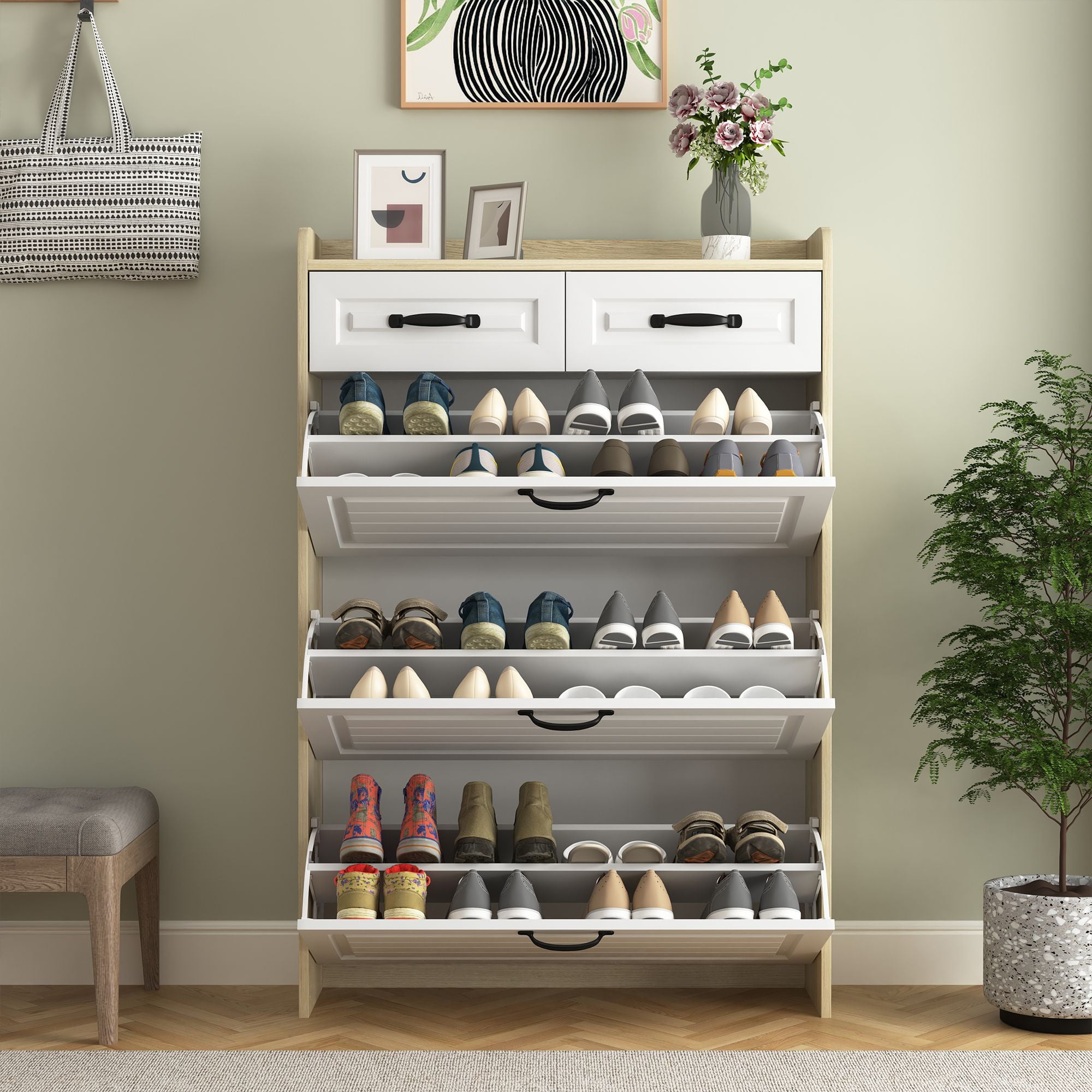 Demi Bonn Narrow Shoe Storage Cabinet, Shoe Cabinet for Entryway with 3 Flip Drawers, Wood Hidden Freestanding Shoe Organizer for Hallway, Bedroom, Apartment, Oak