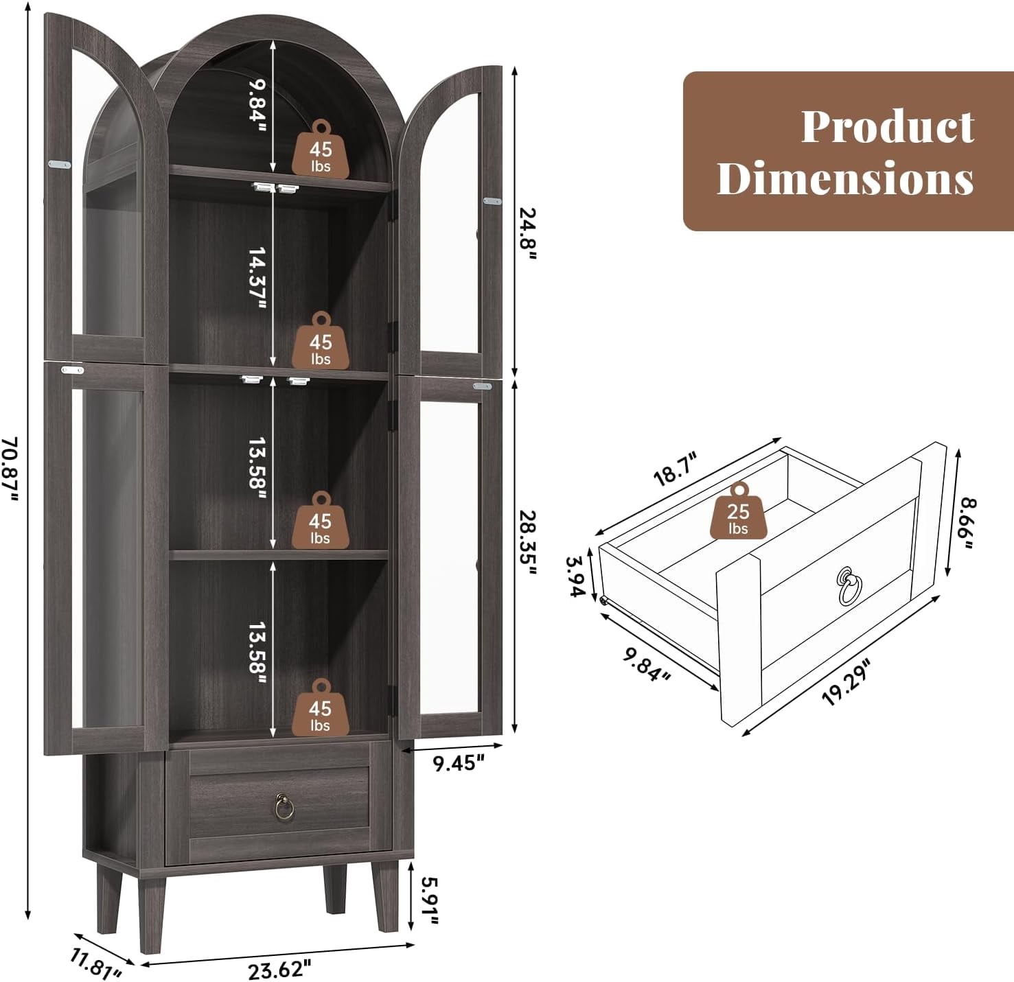 71” Tall Arched Cabinet with Acrylic Glass Door, Modern Curio Arched Bookcase W/Drawer, Display Cabinet Organizer, Kitchen Pantry with Top-Opening Storage Container for Living Dining Room