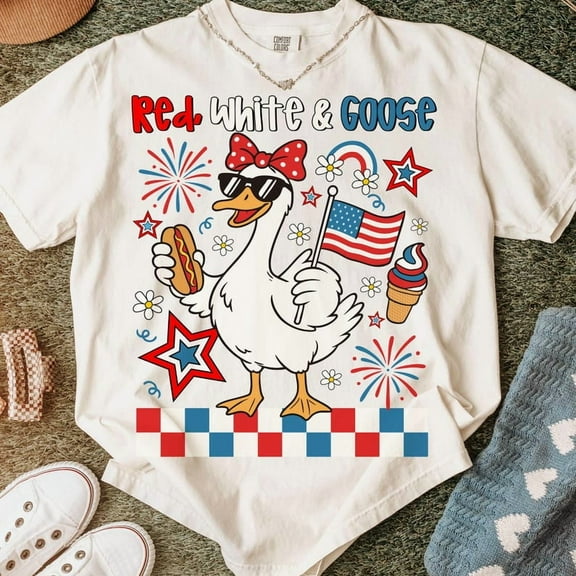 Red White and Goose 4th of July T-shirt, American Checkered Shirt, Patriotic Goose Shirt, Memorial Day, USA Shirt, Independence Day Shirt TH120626