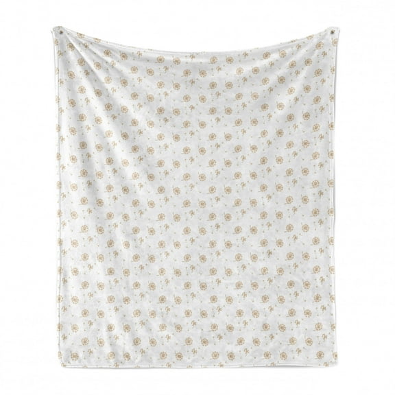 Dandelion Soft Flannel Fleece Throw Blanket, Repetitive Simplistic Delicate Pattern of Floating Botanical Print, Cozy Plush for Indoor and Outdoor Use, 70" x 90", Camel and White, by Ambesonne