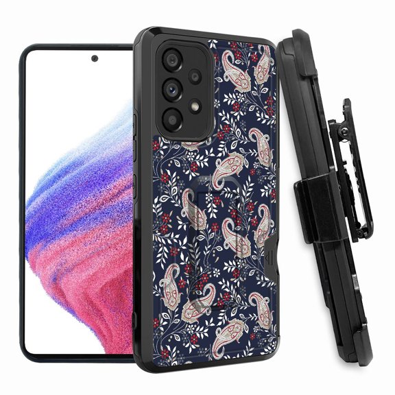 ANJ  Rugged Shockproof Hoster Case w/Card Slot, Kickstand   Tempered Glass Cover for Samsung Galaxy A33 5G - Tribal Paisley