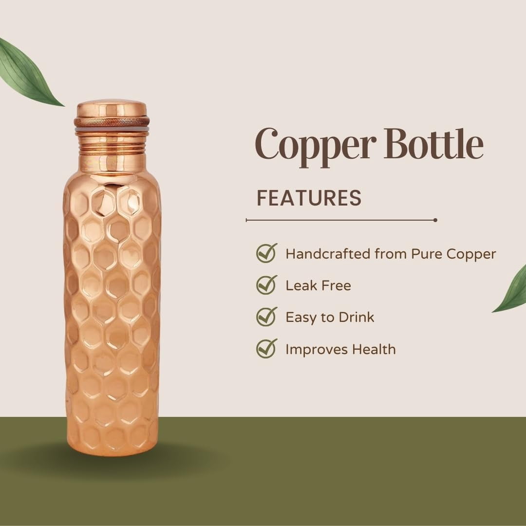 Perilla Home 100% Diamond 1 Litre Pure Copper Bottle With Leak Proof Contains Ayurveda Health Benefits For Drinking Water For Men Women Gym Yoga | Travelling | Hiking | Indoor | Outdoor | Office |
