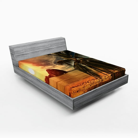 Ambesonne Beach Fitted Sheet, Havana Seashore Sunny, Full Size, Dark Green Pale Brown