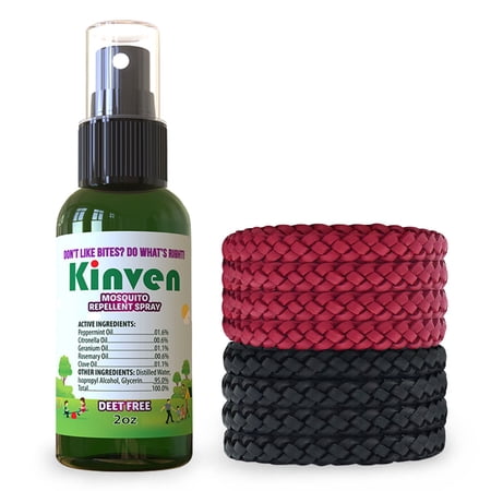 Kinven Anti Mosquito Repellent Bundle - (2oz Spray Bottle + 8 Bracelets, Red/Black)