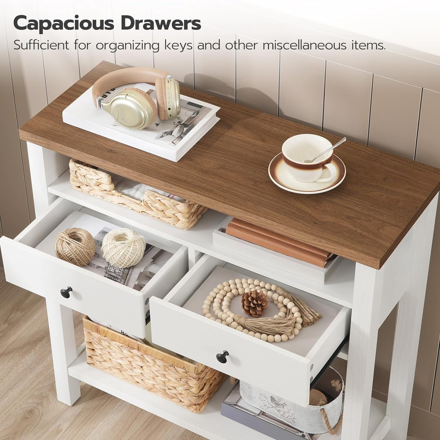 HOOBRO Farmhouse Entryway Table with 2 Drawers, White and Walnut