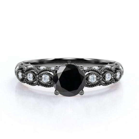 JeenMata Art Deco Milgrain Filigree 1.75 Carat Round Lab Created Black Diamond and Moissanite Engagement Ring for Women in 18K Black Gold Plating over Silver