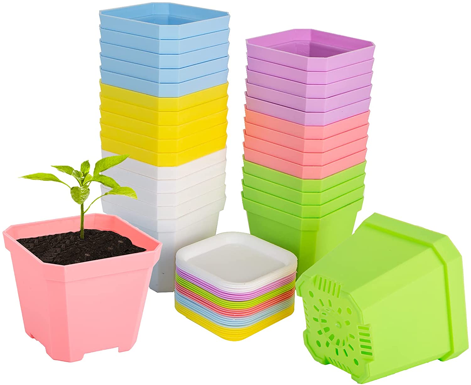 Foxany 4 Nursery Pot 30 Pcs Thick Plastic Square Planting Pots Seed Starting Pots with 30 Saucers Plant Seedling Pots Brick-Red 