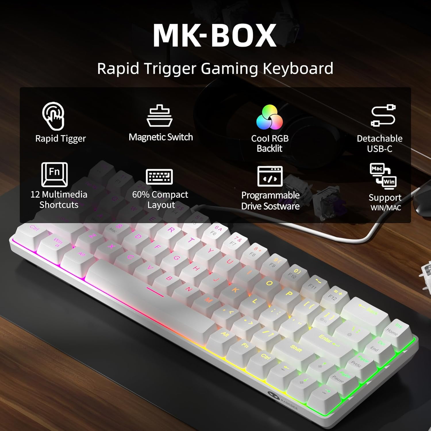 MageGee 60% Rapid Trigger Gaming Keyboard, Hall Effect Magnetic Switch, Actuation Point Adjustable, Hot Swappable RGB Backlit Wired Keyboard with Arrow Keys