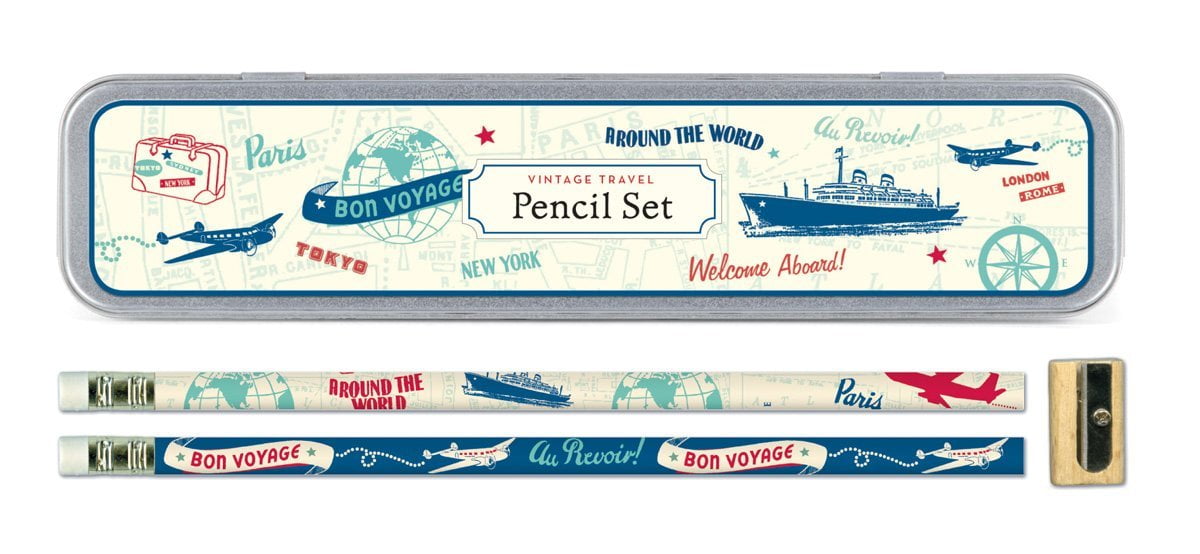 Set of 10 Pencils in a Tin Box Cavallini Vintage Travel Pencil Set 