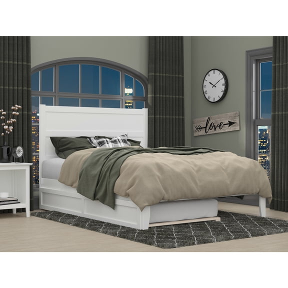 Twin XL Trundle Bed with Charging Station - HomeStock Platform Bed Frame - White Finish